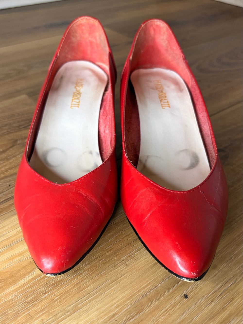 Vintage 1980s Red Leather Pumps 8M Made in Brazil Pointed Toe Kitten Heels